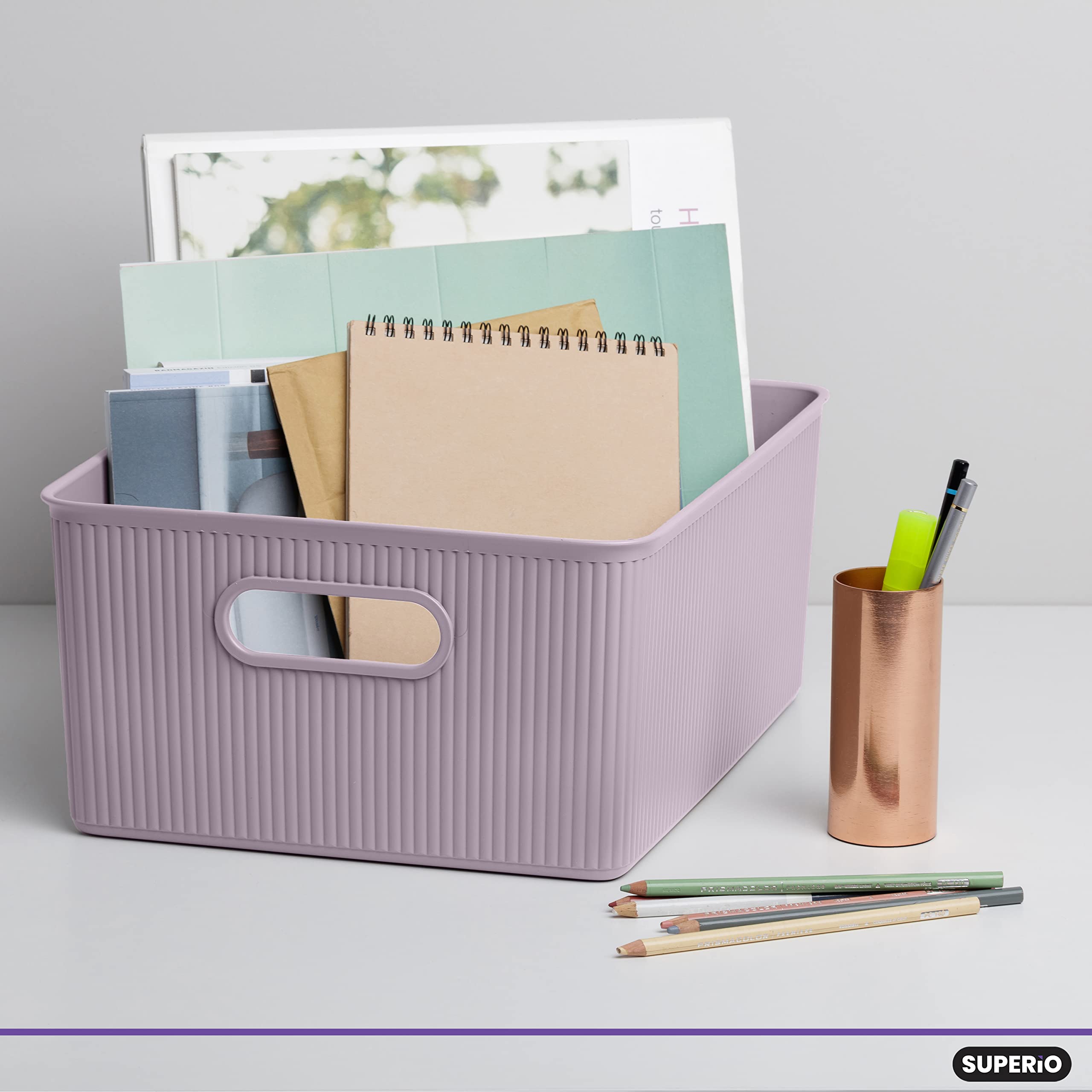 Superio Ribbed Collection - Decorative Plastic Open Home Storage Bins Organizer Baskets, Large Lilac Purple (4 Pack) Container B